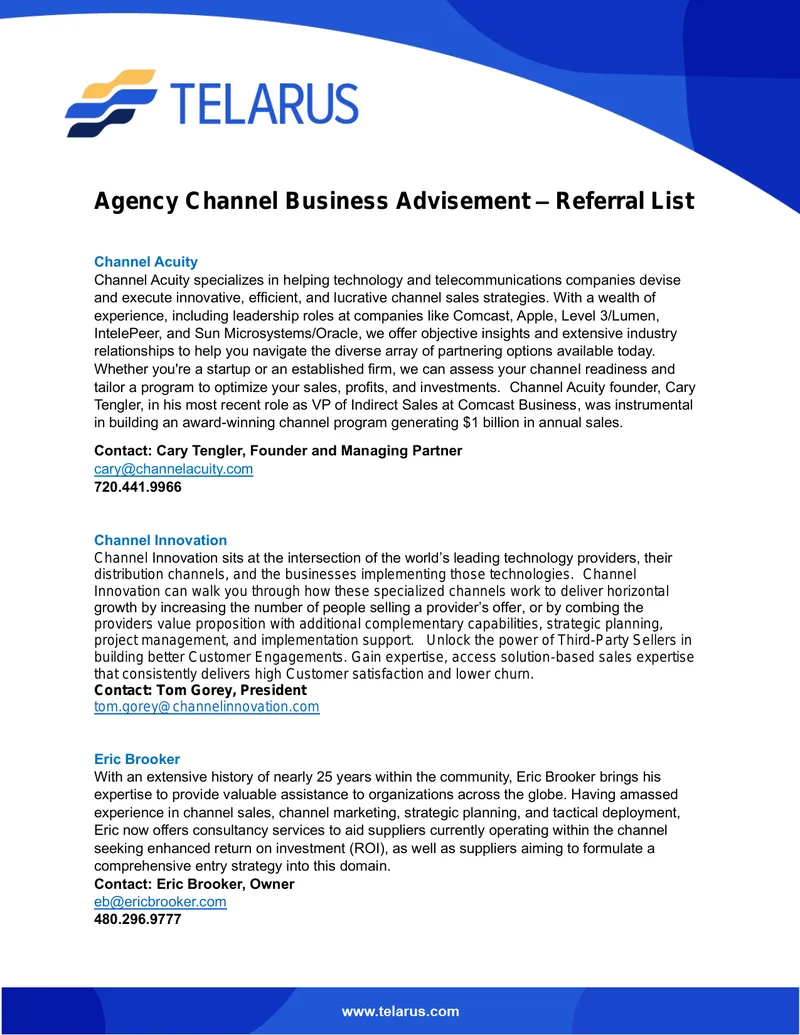 Agency Channel Business Advisement Referral List