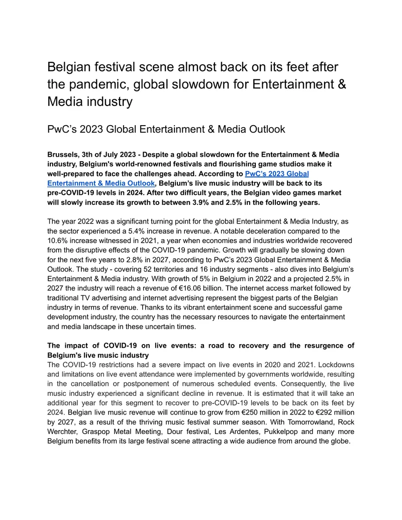 Belgium's Entertainment and Media Industry Outlook 2023-2027