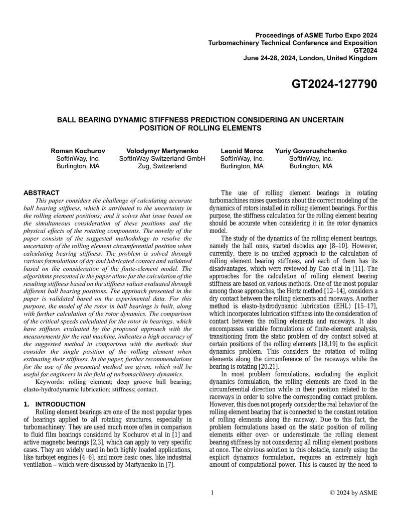 Ball Bearing Dynamic Stiffness Prediction Methodology