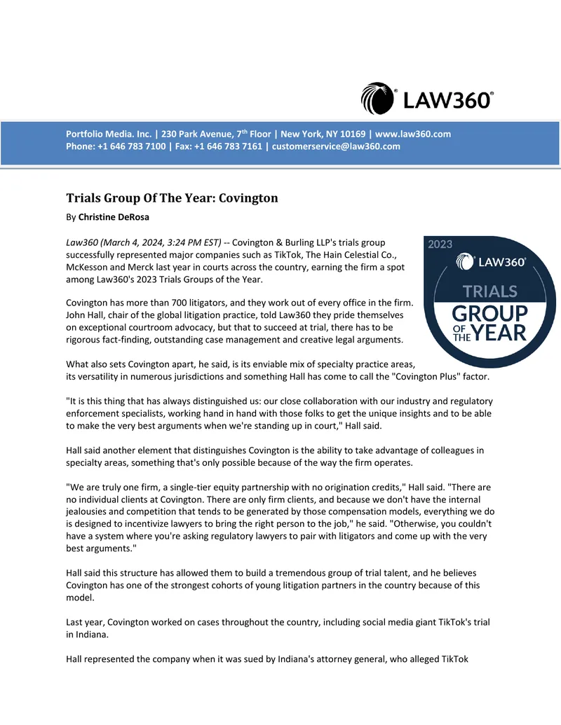 Covington & Burling LLP Trials Group Achievements