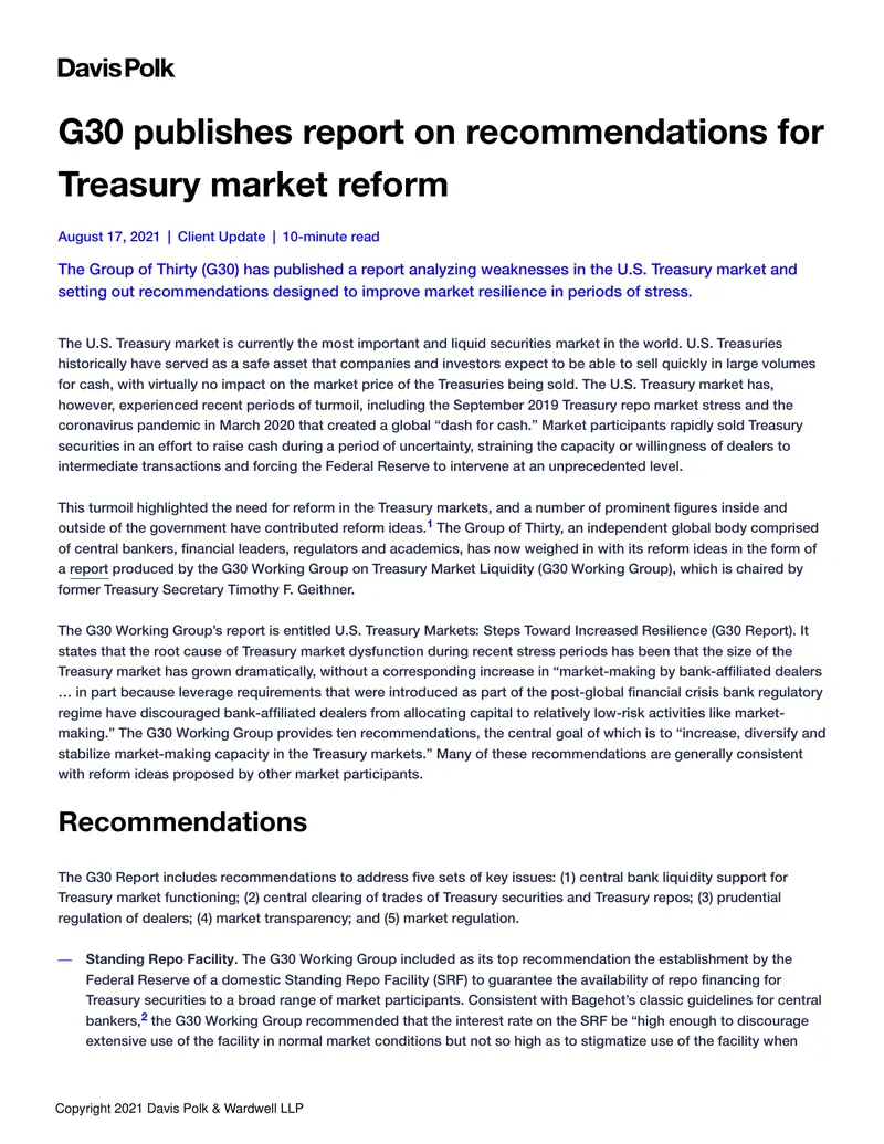 G30 Report on U.S. Treasury Market Reform Recommendations