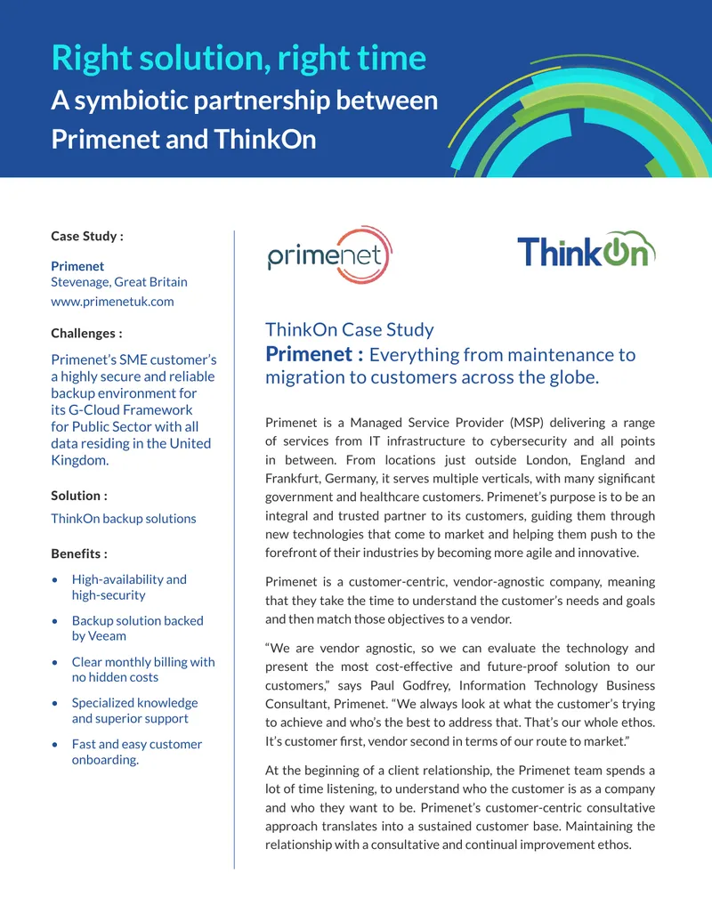 Primenet and ThinkOn Partnership Case Study