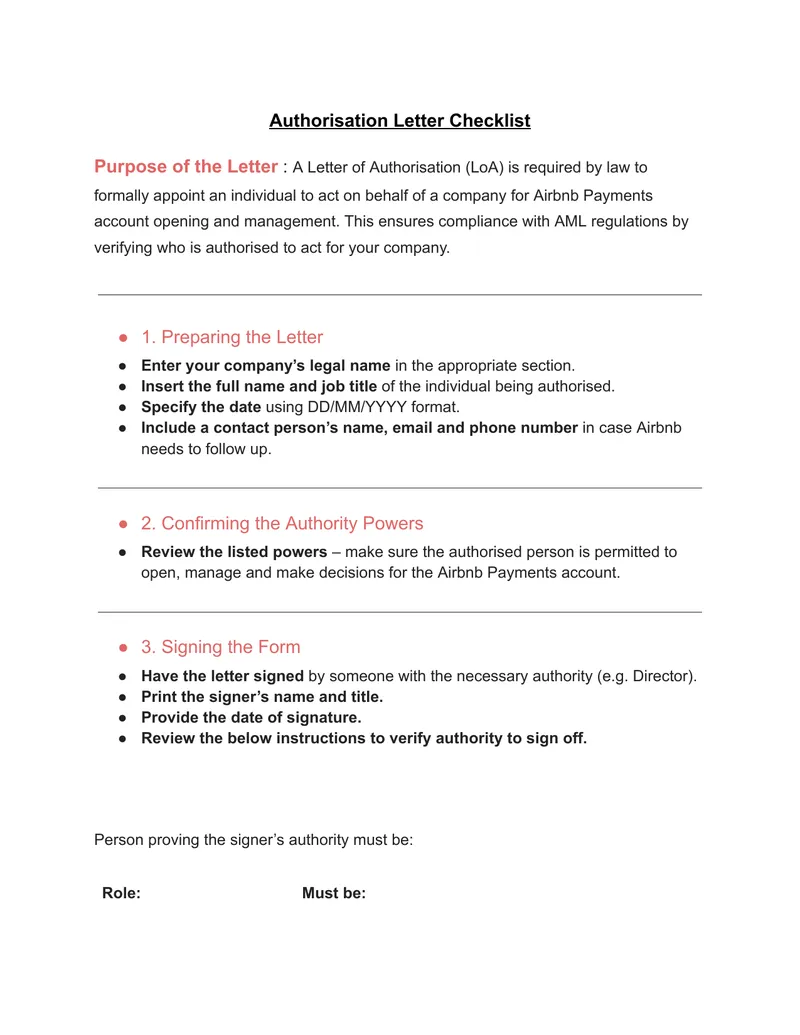 Authorisation Letter Checklist for Airbnb Payments