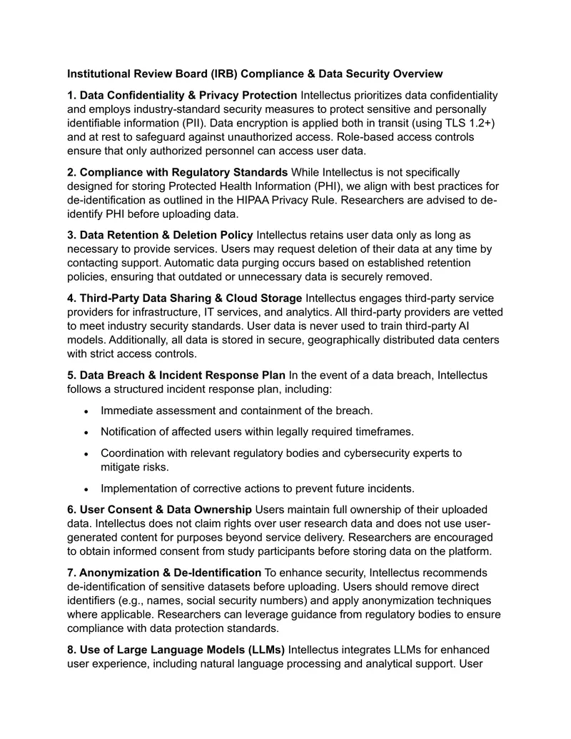 Institutional Review Board Compliance and Data Security Overview