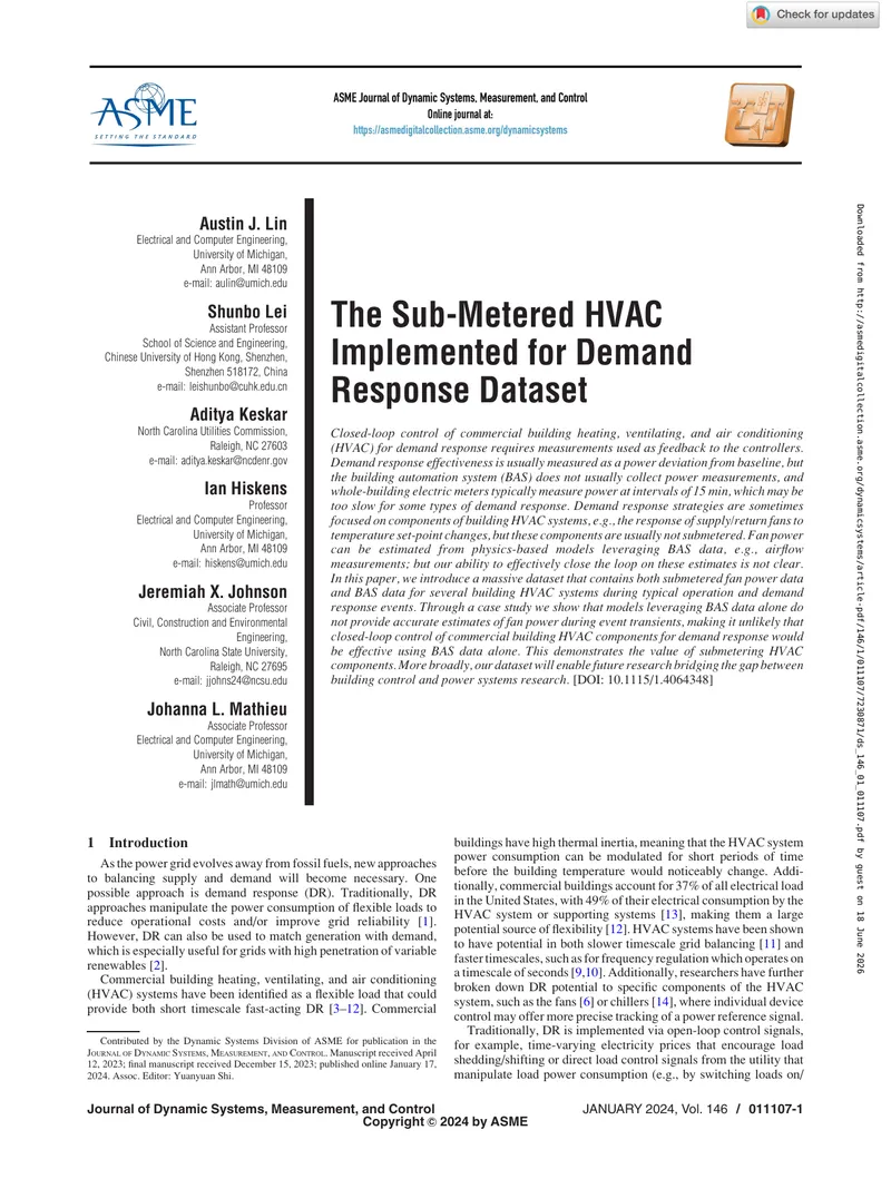 Sub-Metered HVAC Dataset for Demand Response Analysis