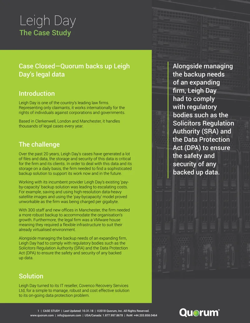 Quorum Data Backup Solution for Leigh Day