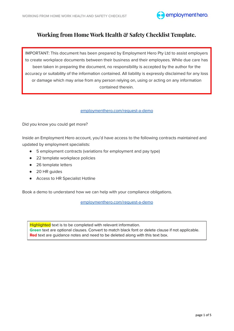 Working from Home Health and Safety Checklist