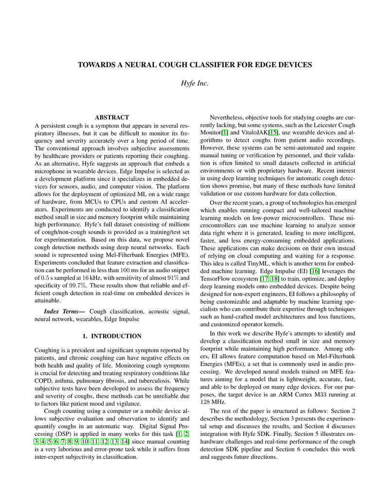 Neural Cough Classification Method for Embedded Devices