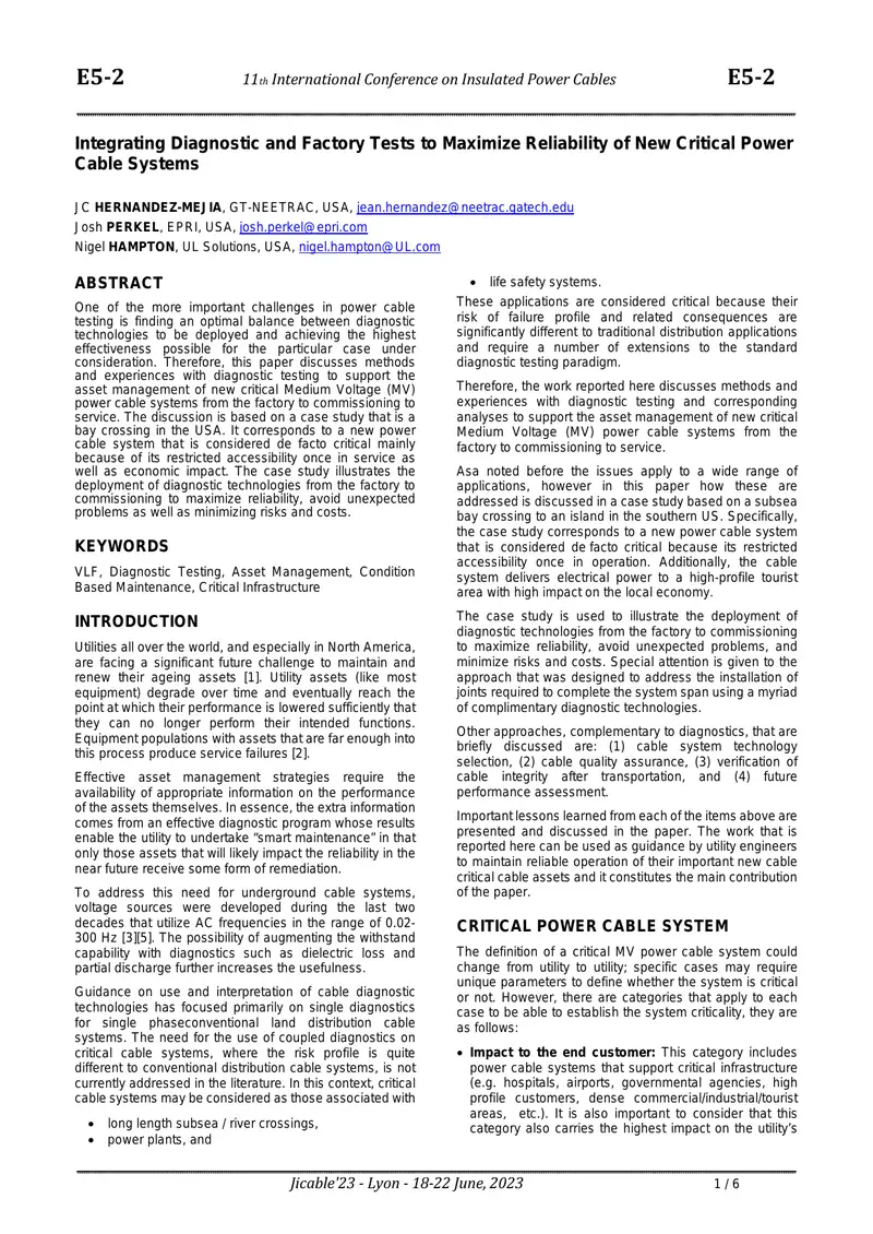 Integrating Diagnostic Tests for Power Cable Reliability