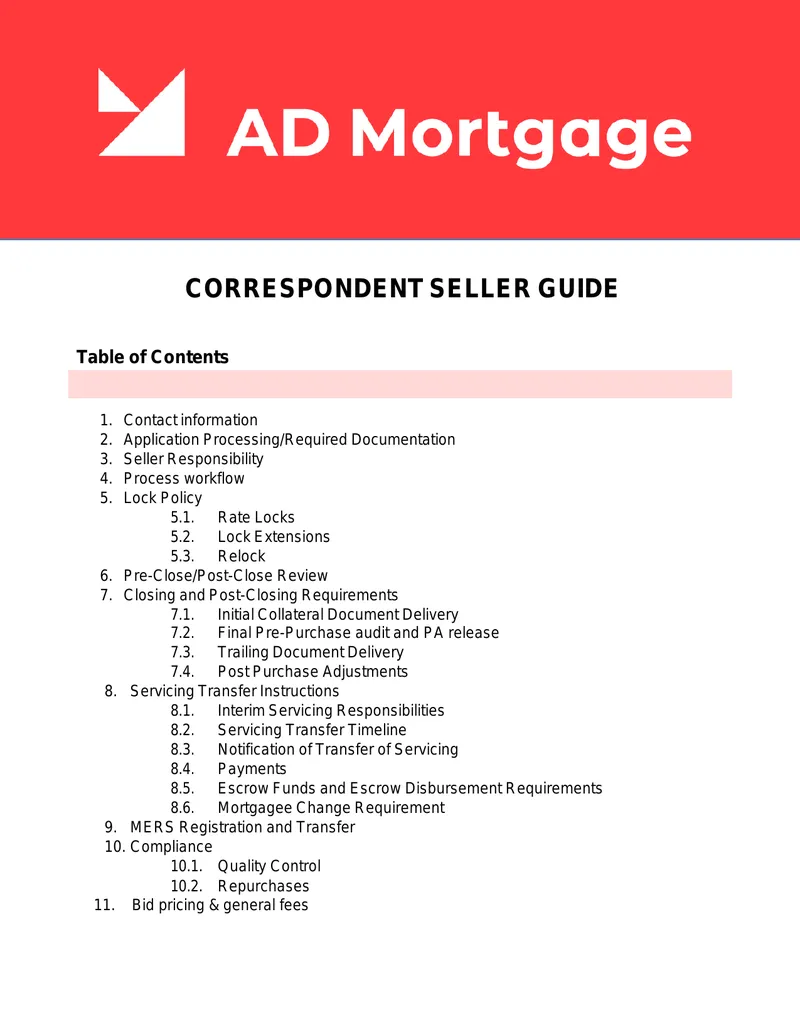 Correspondent Seller Guide for A&D Mortgage