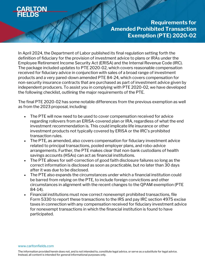 Checklist for Amended Prohibited Transaction Exemption 2020-02