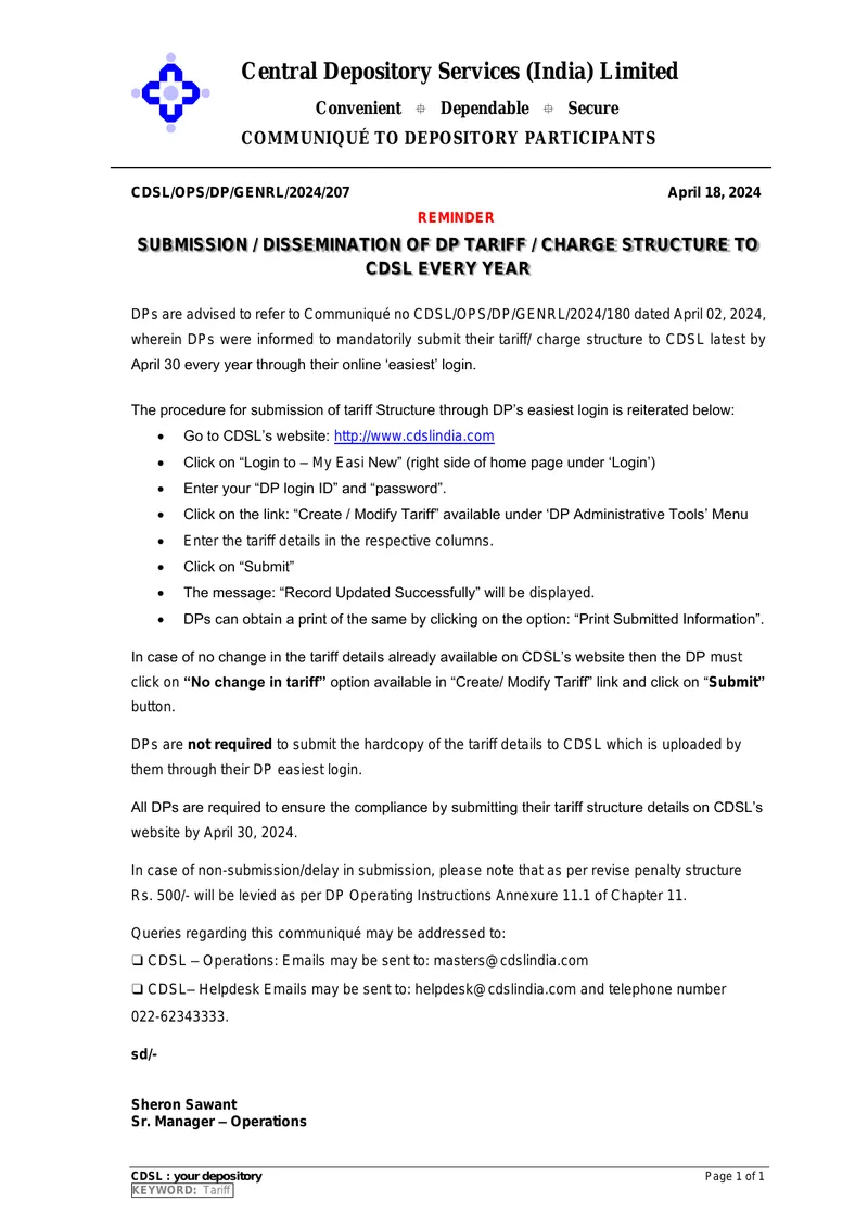 Submission of DP Tariff Charge Structure Guidelines