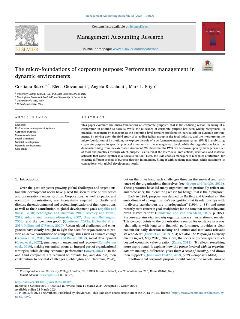 Micro-Foundations of Corporate Purpose and Performance Management