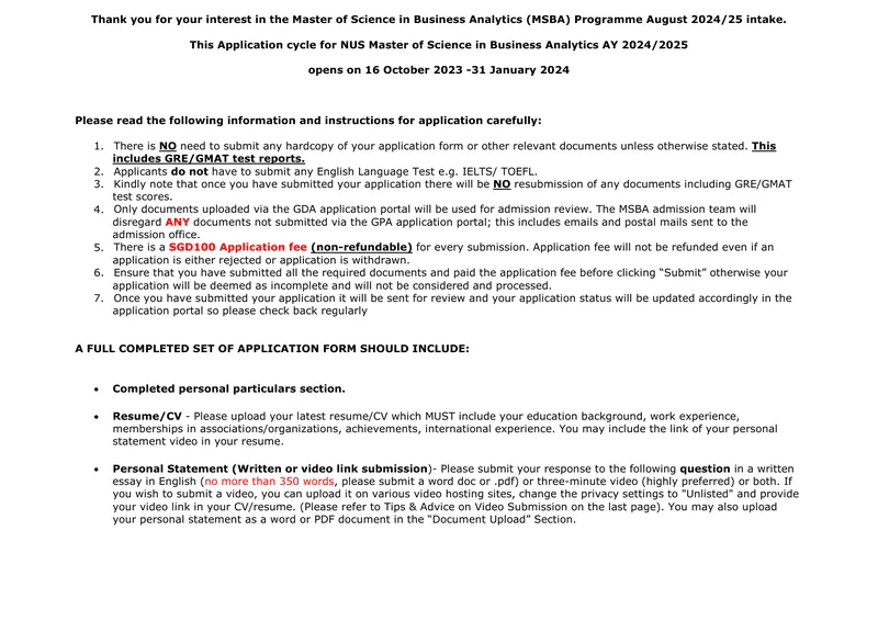 Application Instructions for MSBA Programme 2024/25