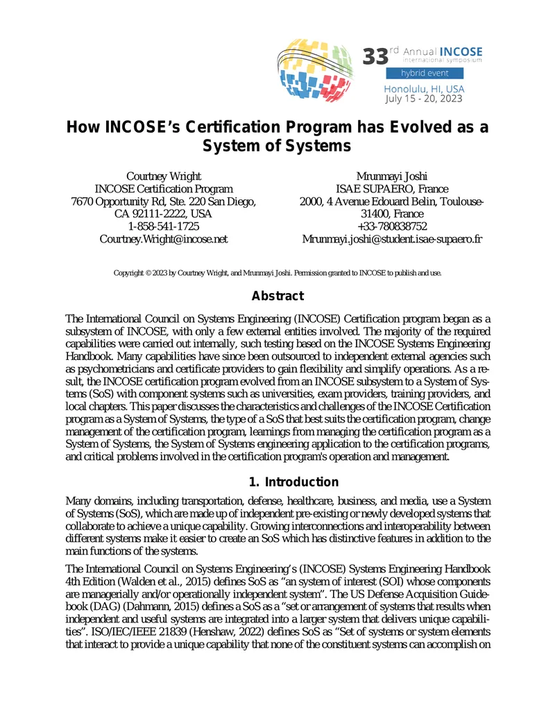 Evolution of INCOSE Certification Program as a System of Systems