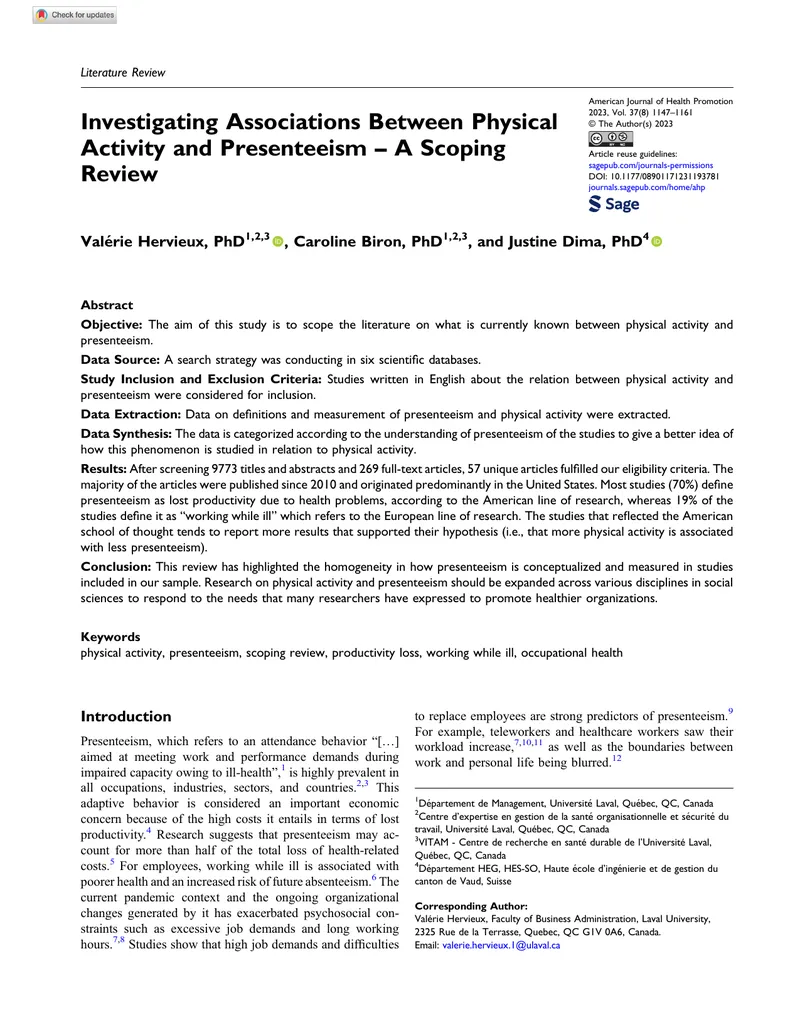 Investigating Associations Between Physical Activity and Presenteeism