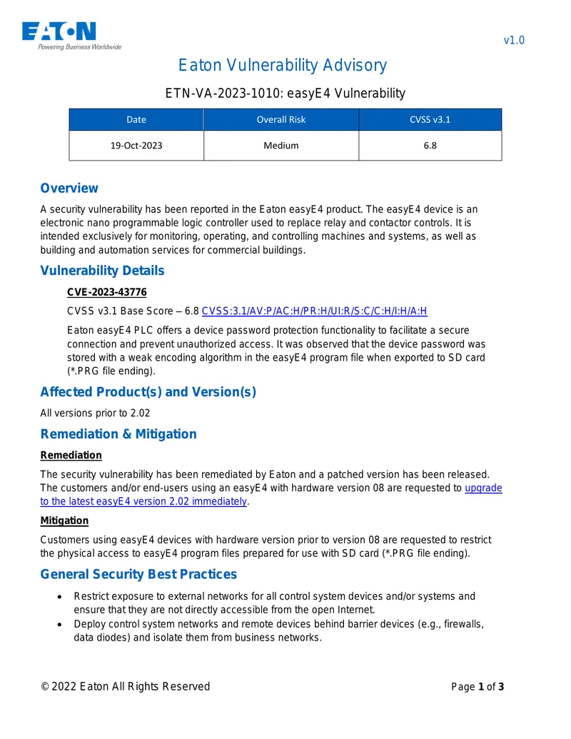 Eaton Vulnerability Advisory for easyE4 Product