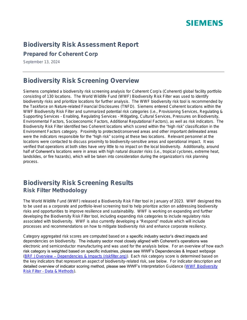 Biodiversity Risk Assessment Report for Coherent Corp