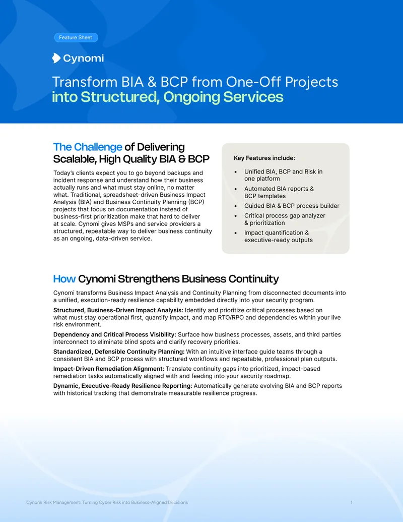 Cynomi Risk Management Business Continuity Feature Sheet