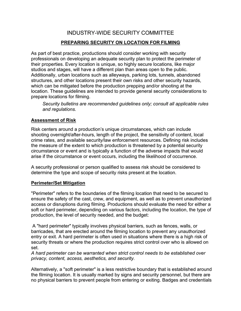 Security Guidelines for Film Production Locations
