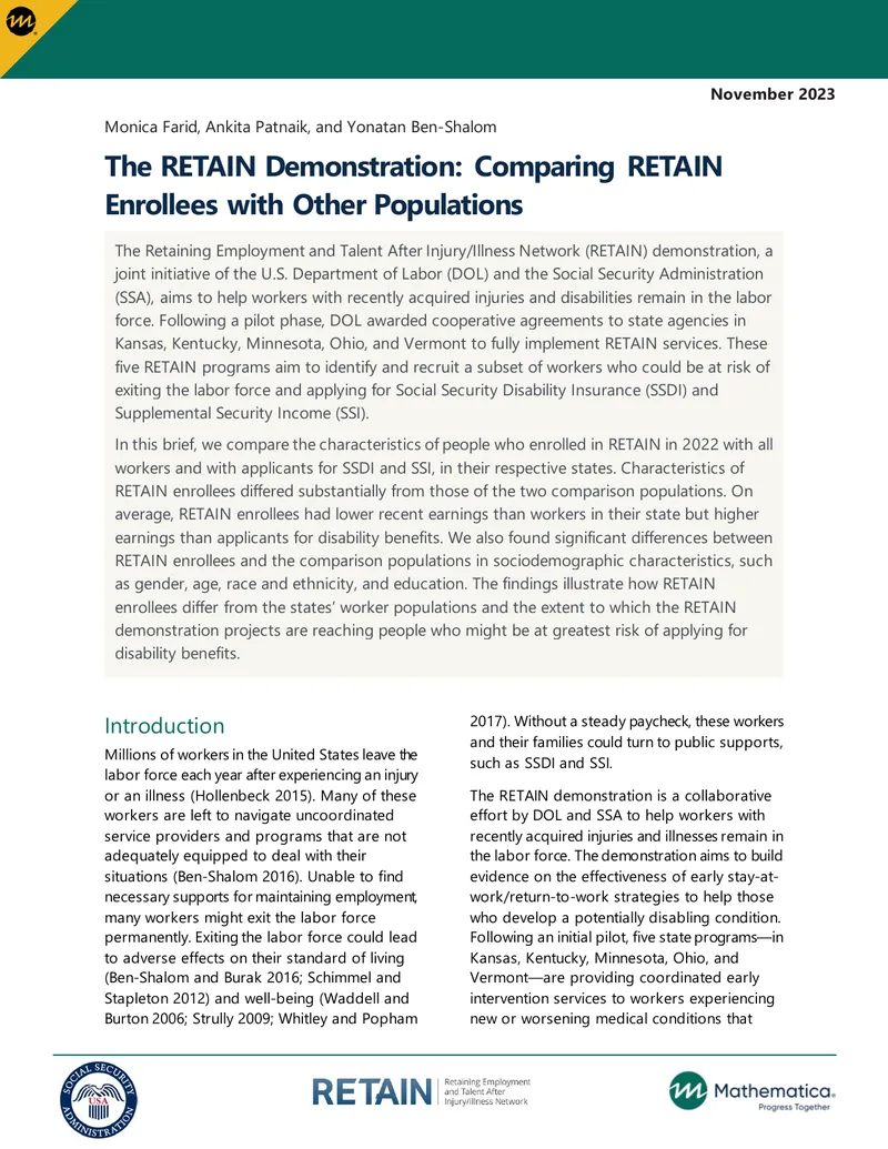 RETAIN Demonstration Comparison of Enrollees and Other Populations