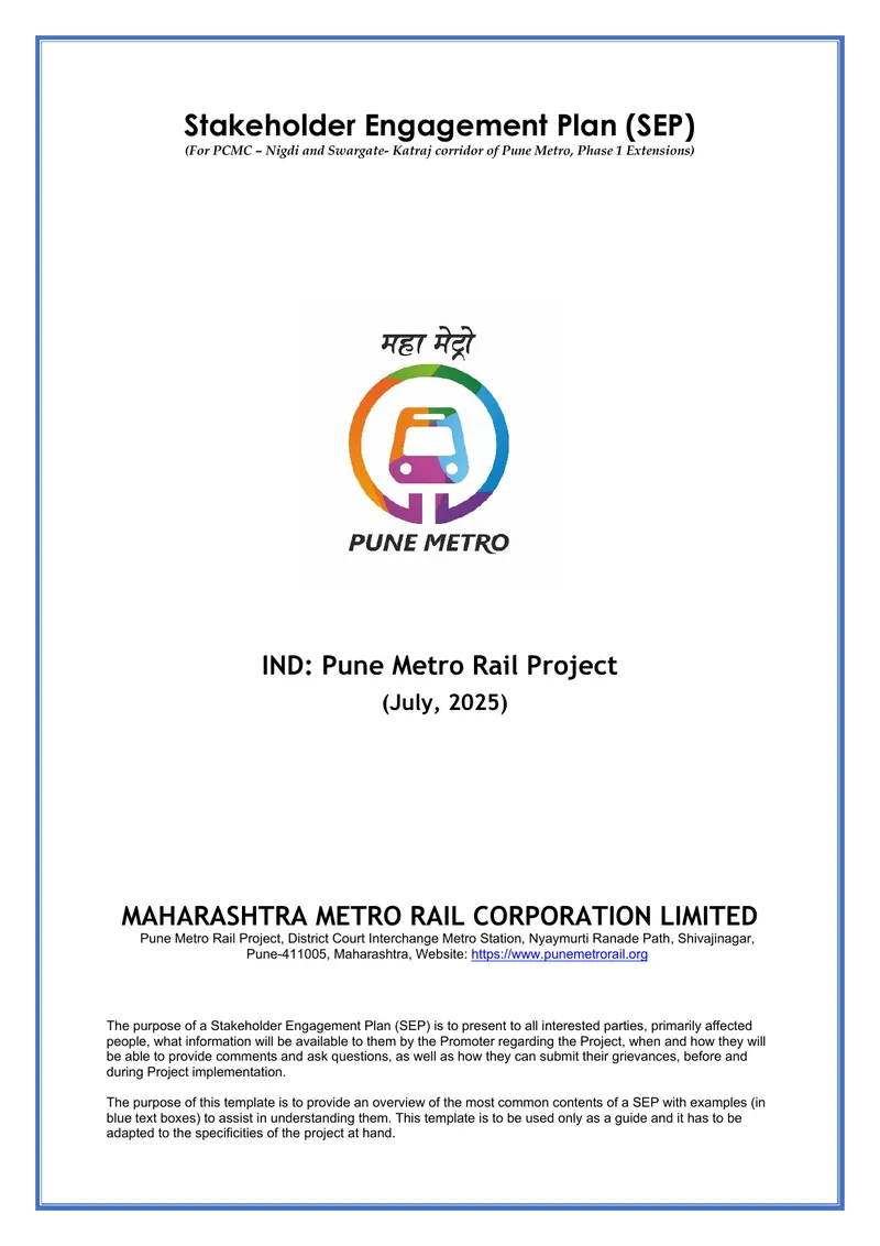 Stakeholder Engagement Plan for Pune Metro Extensions