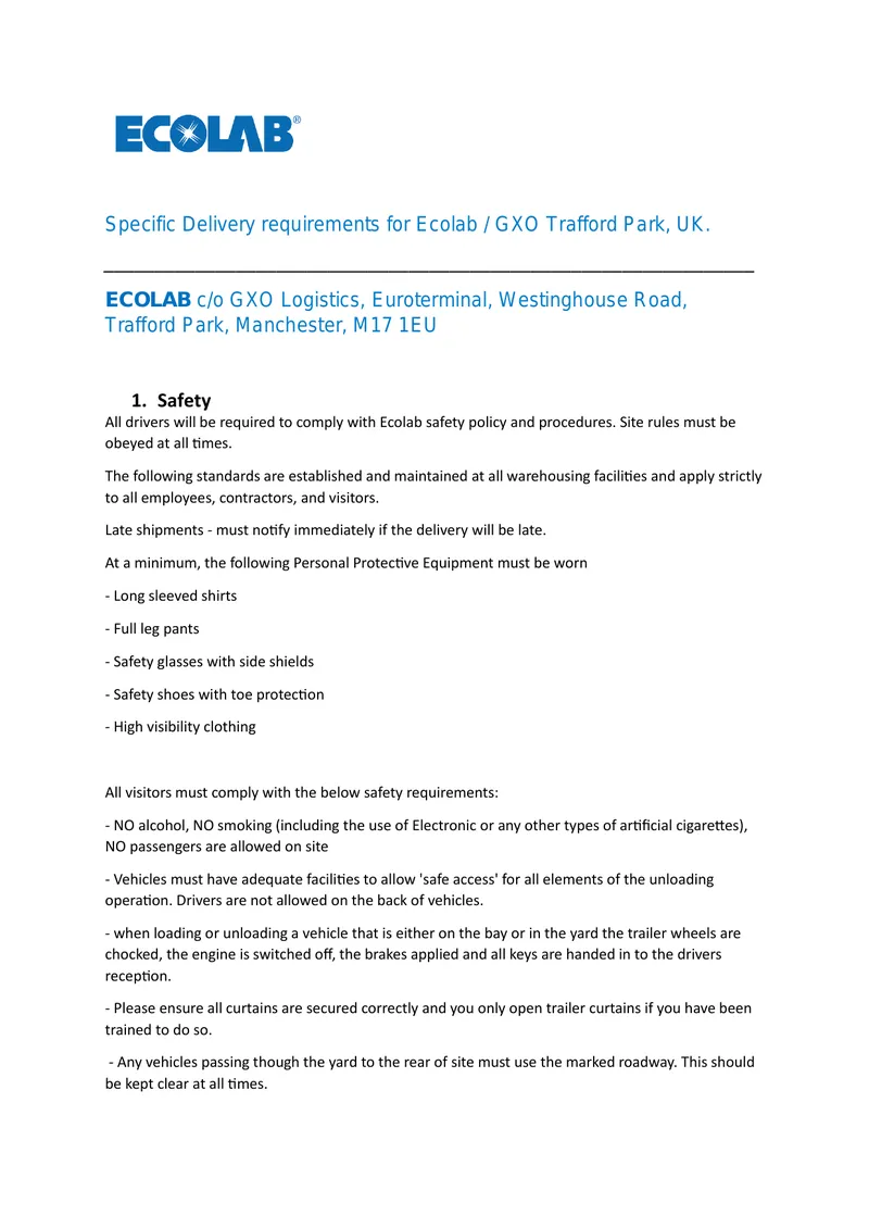 Delivery Requirements for Ecolab at GXO Trafford Park