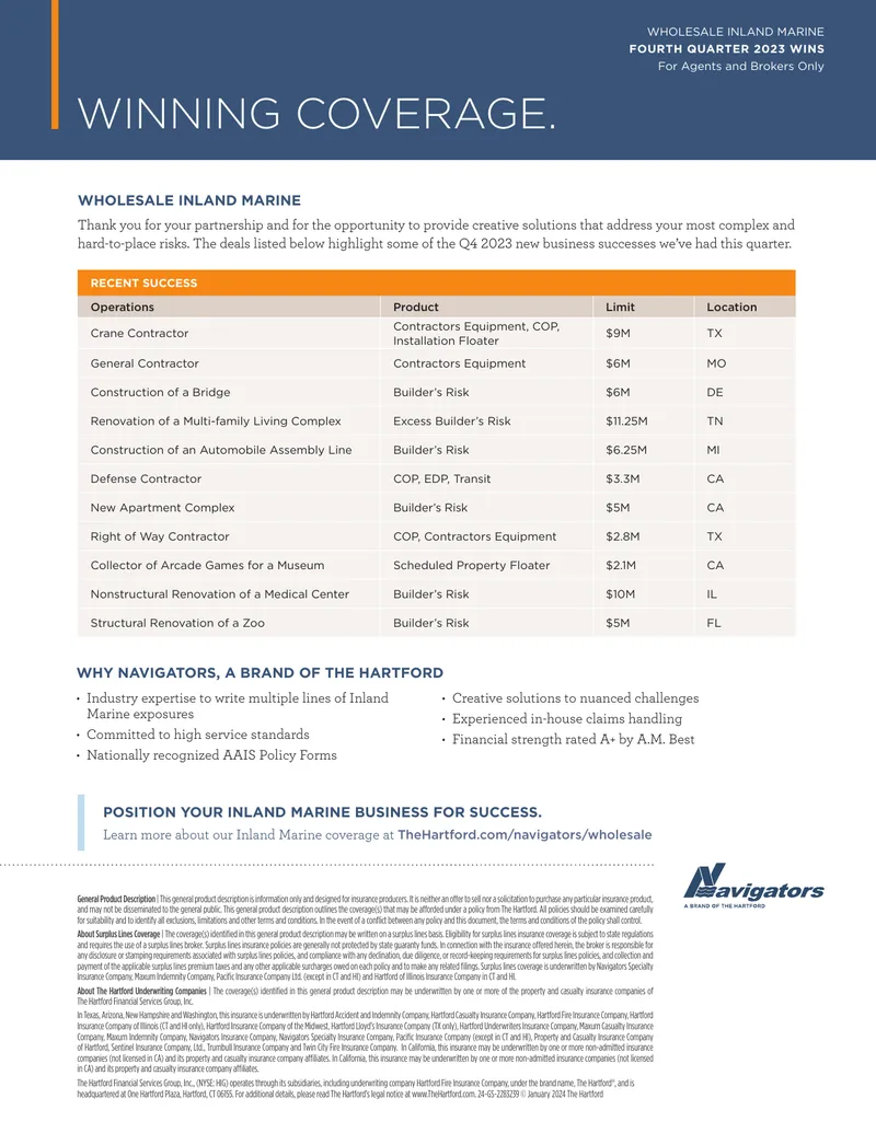 Wholesale Inland Marine Fourth Quarter 2023 Wins