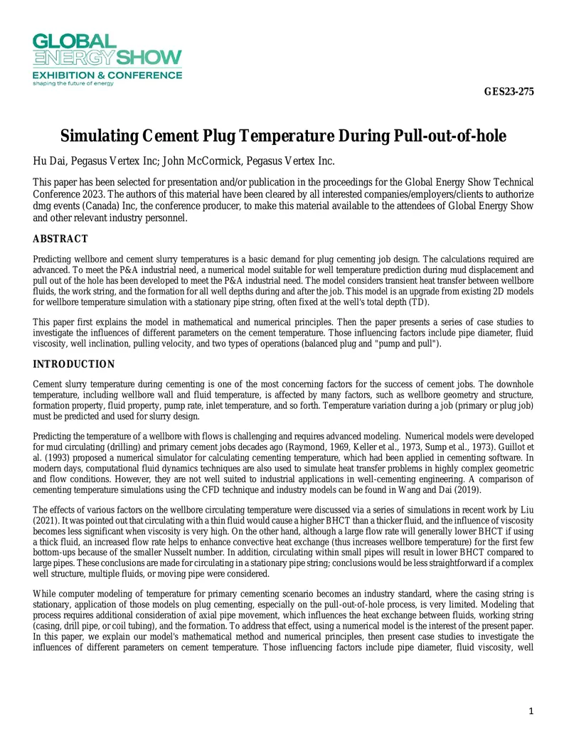 Simulating Cement Plug Temperature During Pull-out-of-hole