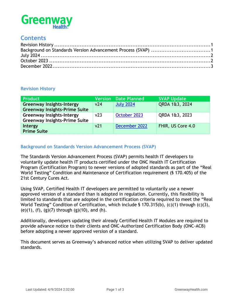 Greenway Health Standards Version Advancement Process Notification