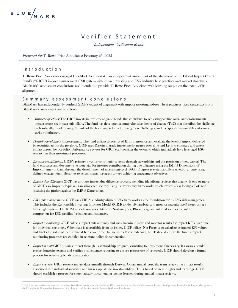 Independent Verification Report for Global Impact Credit Fund