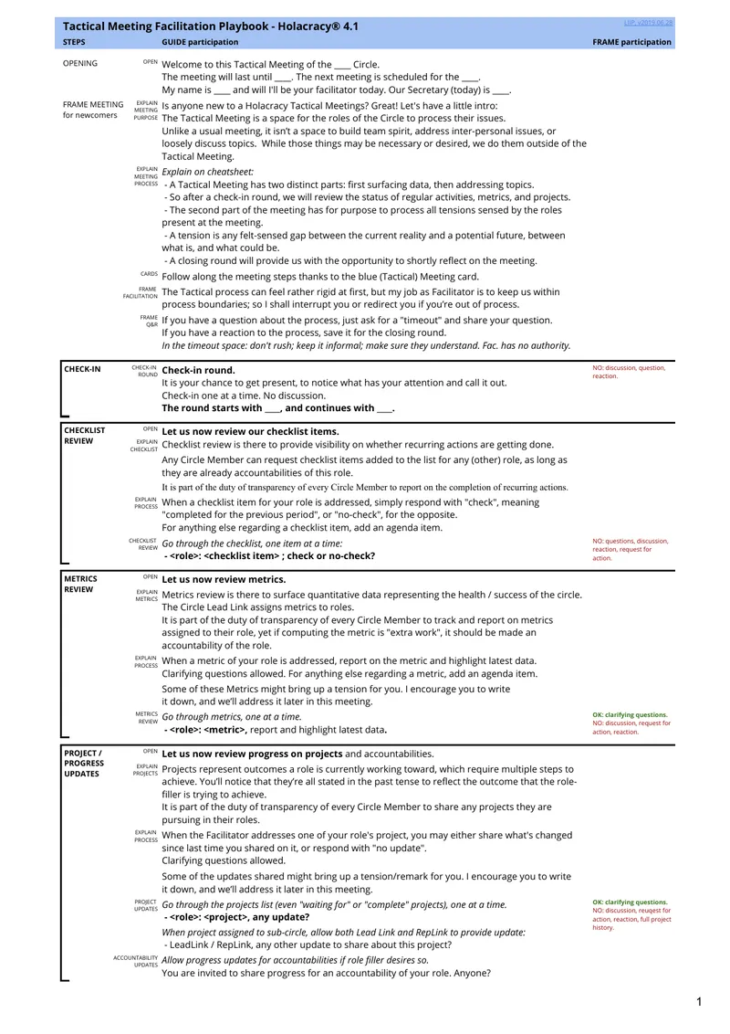 Tactical Meeting Facilitation Playbook for Holacracy