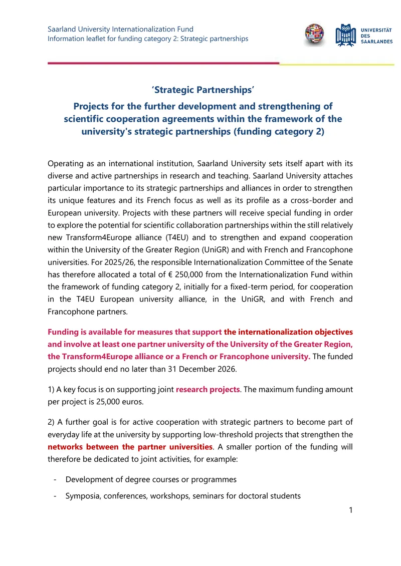 Saarland University Internationalization Fund Information Leaflet