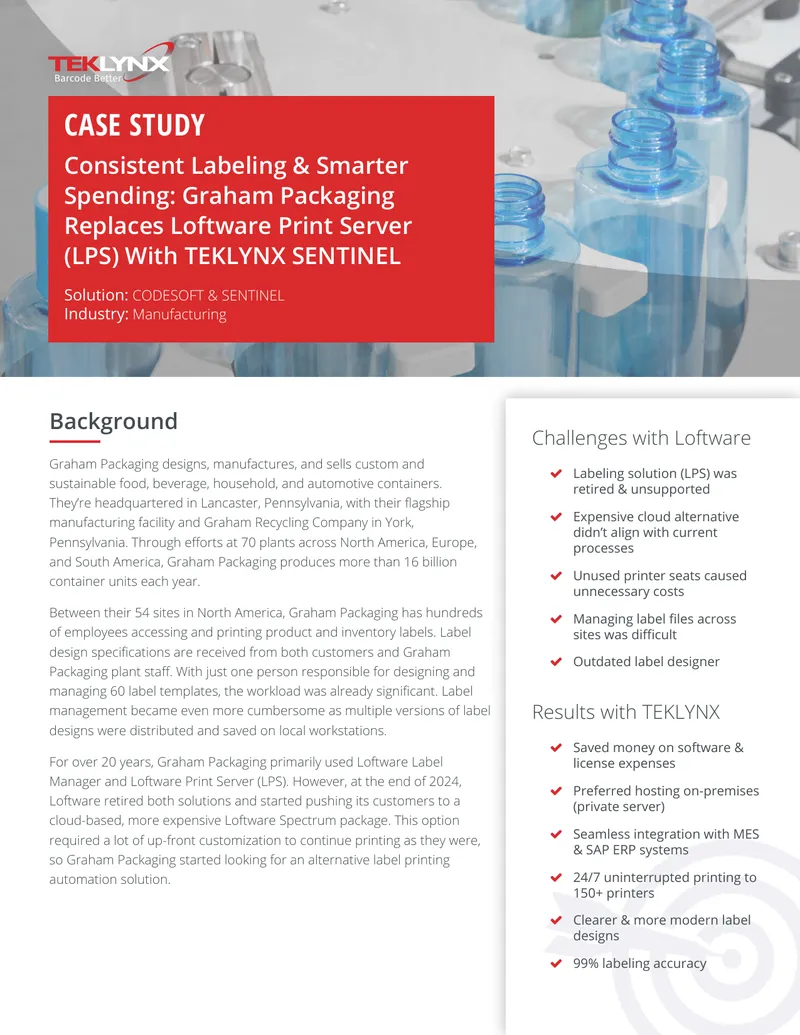 Graham Packaging Replaces Loftware Print Server with TEKLYNX SENTINEL