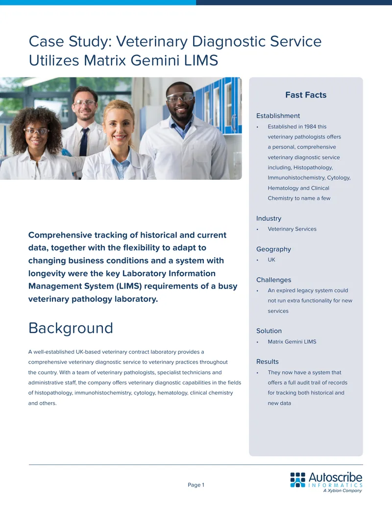 Veterinary Diagnostic Service Case Study Utilizing Matrix Gemini LIMS