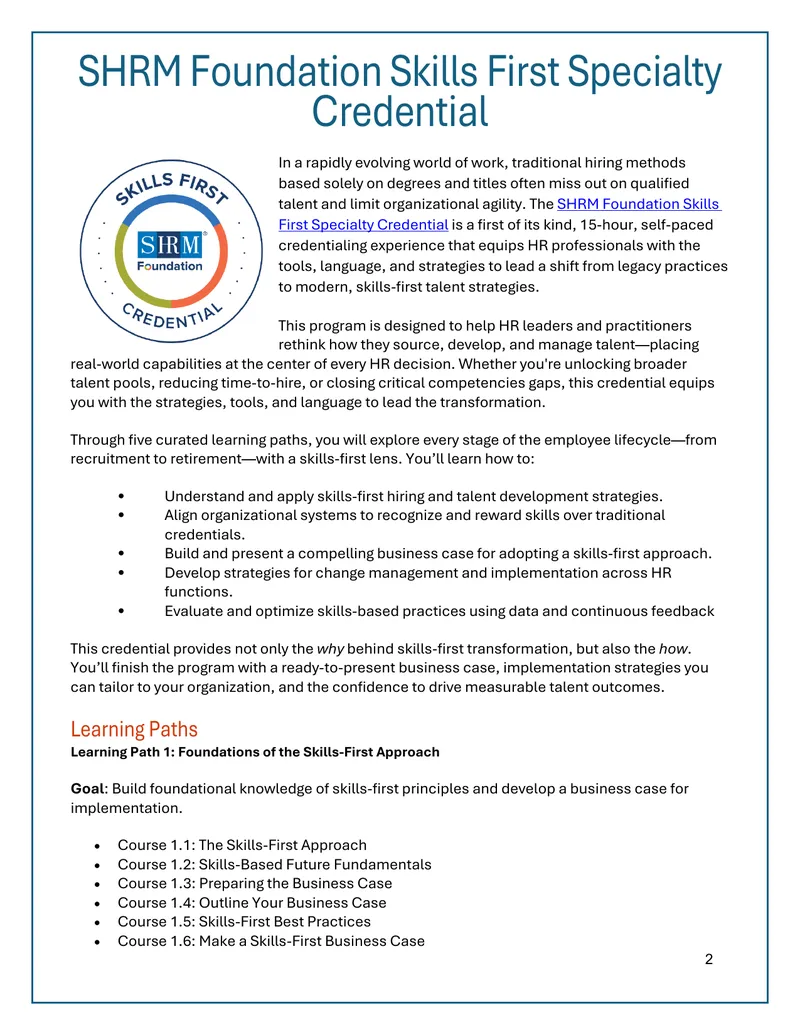 SHRM Foundation Skills First Specialty Credential Overview