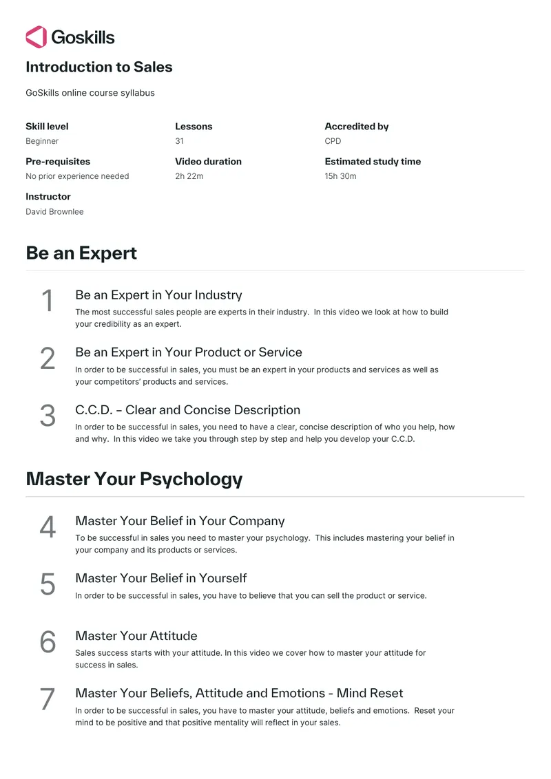 Introduction to Sales Online Course Syllabus
