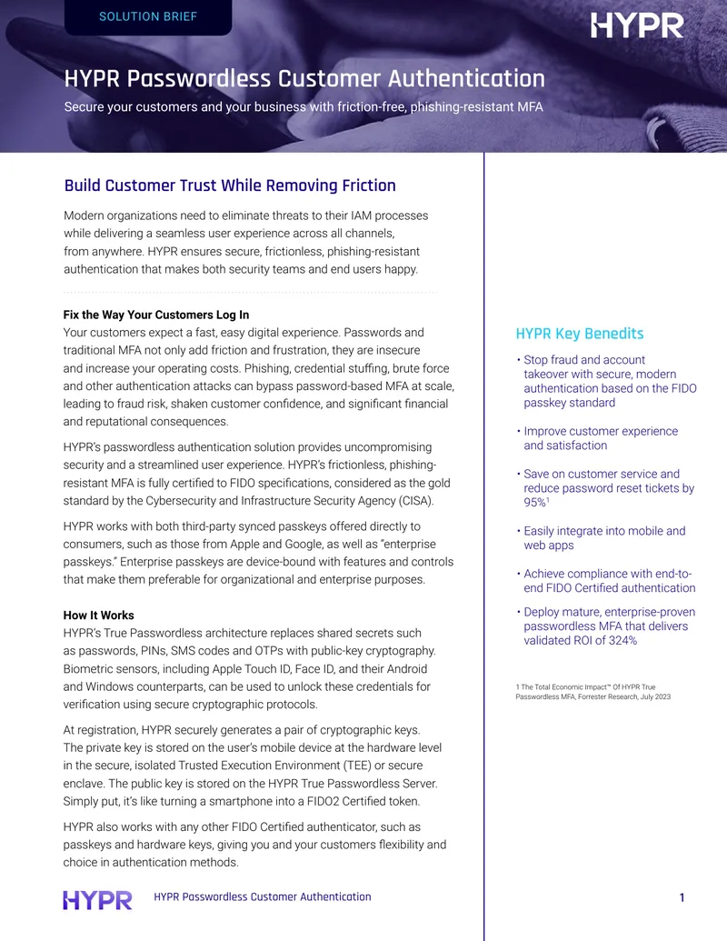 HYPR Passwordless Customer Authentication Solution Brief