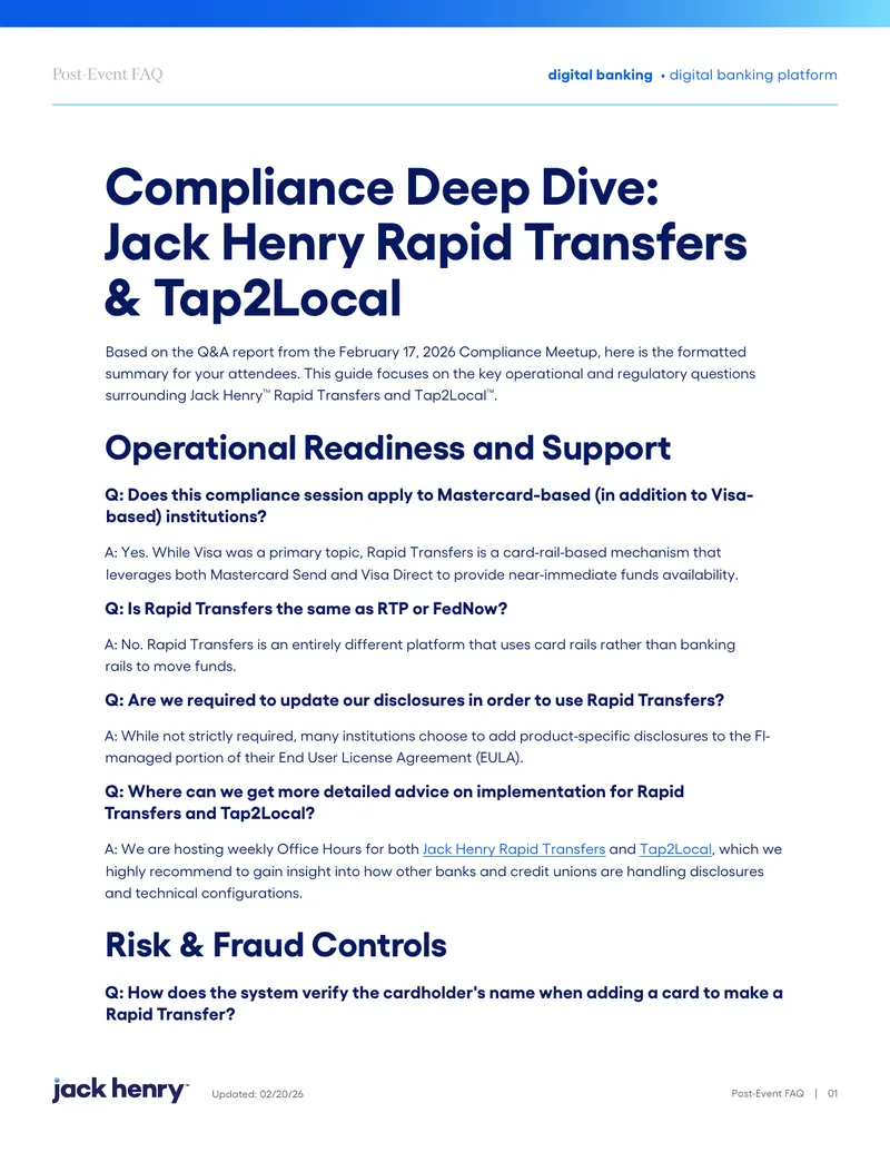 Jack Henry Rapid Transfers and Tap2Local Compliance FAQ