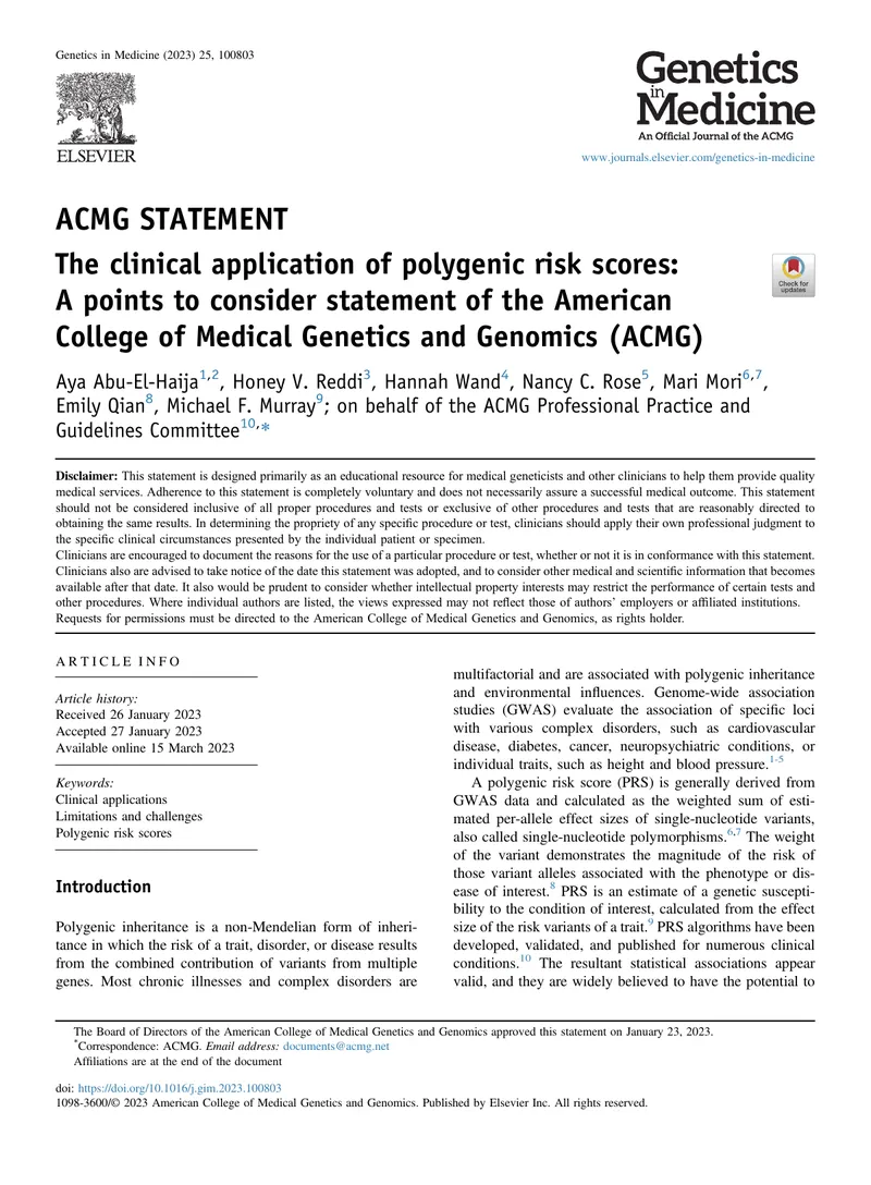 Clinical Application of Polygenic Risk Scores Statement preview page 1