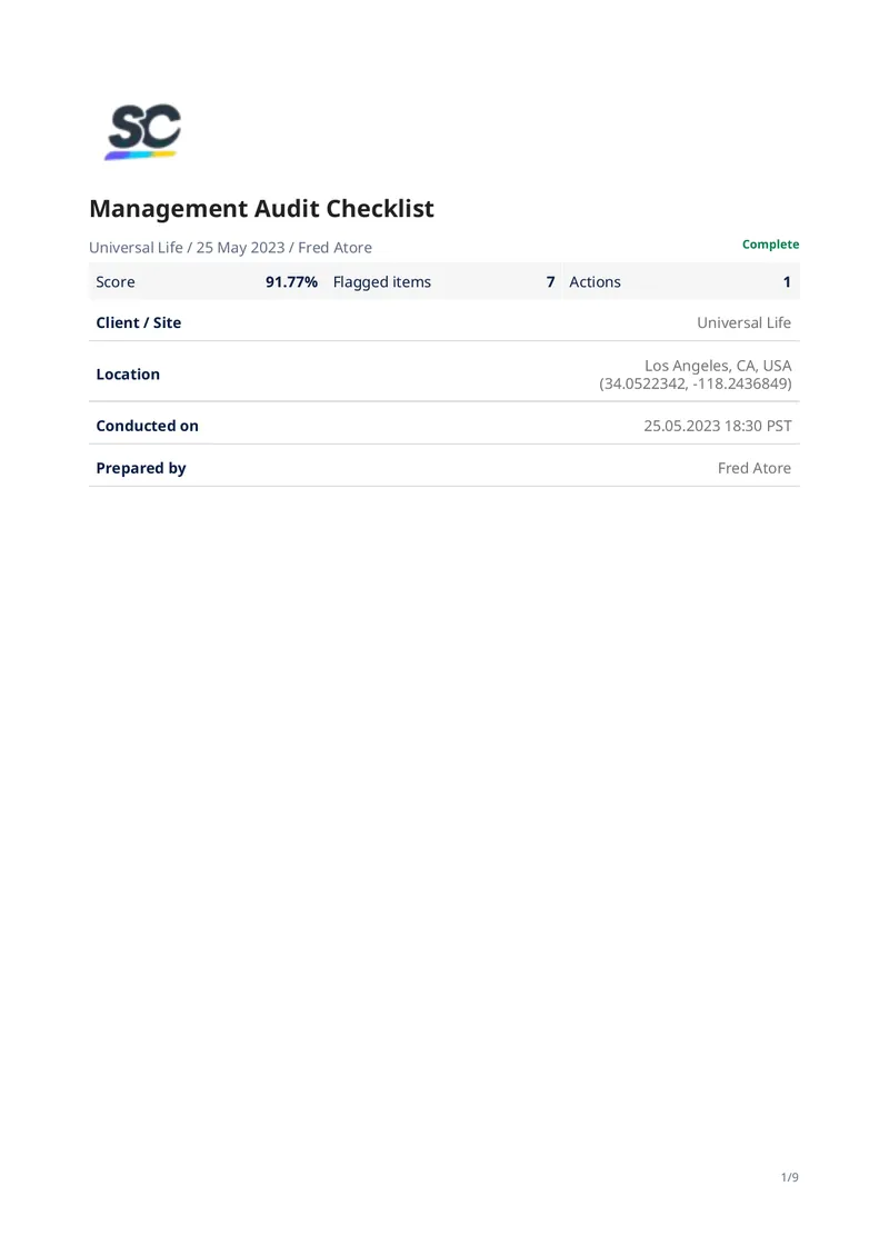 Management Audit Checklist for Universal Life