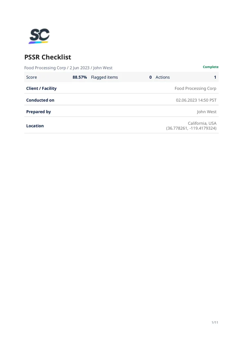 PSSR Checklist for Food Processing Equipment