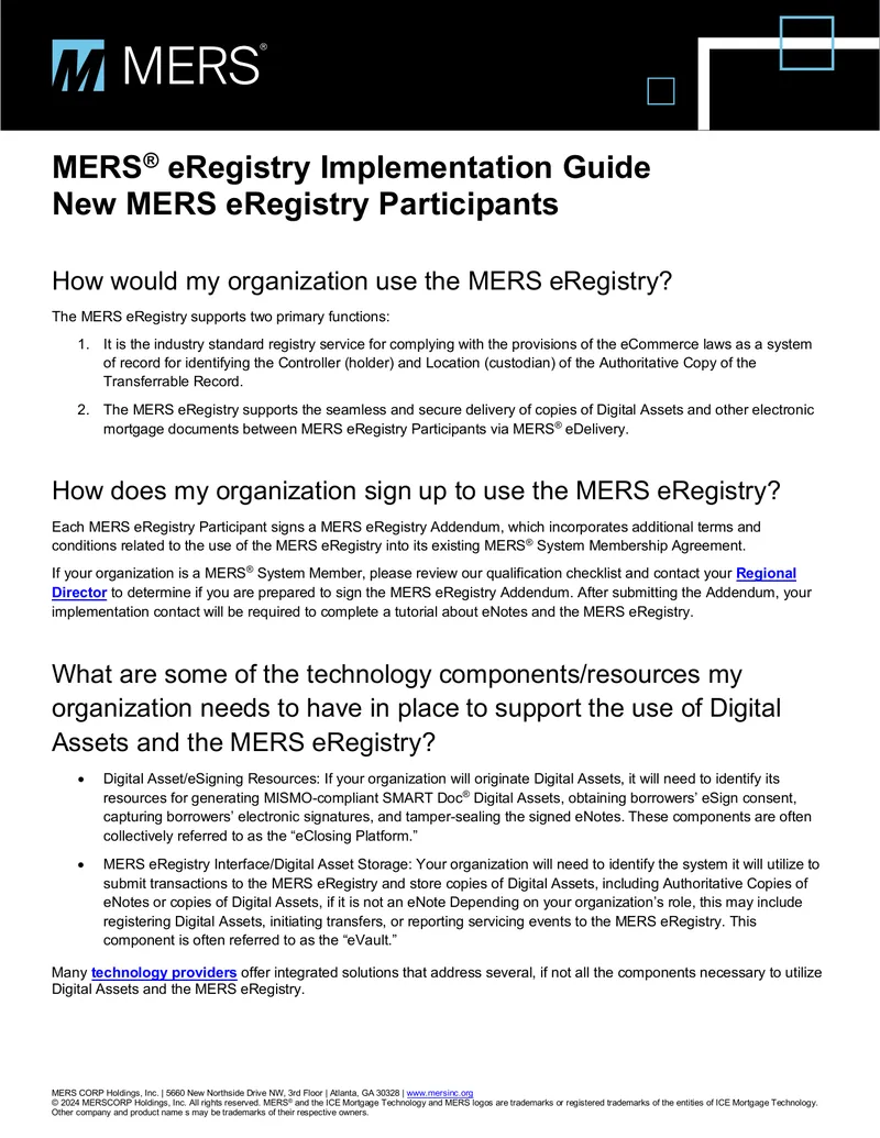 MERS eRegistry Implementation Guide for New Participants