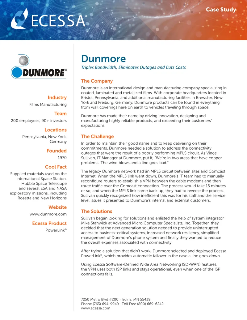 Dunmore Case Study on Ecessa PowerLink Implementation