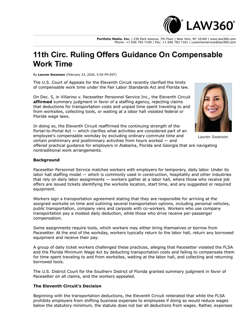 Eleventh Circuit Ruling on Compensable Work Time