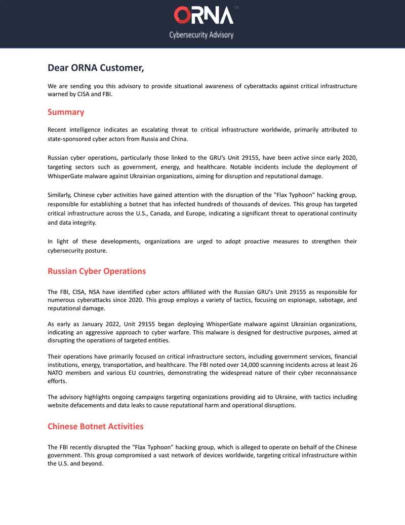 Cybersecurity Advisory on Threats to Critical Infrastructure