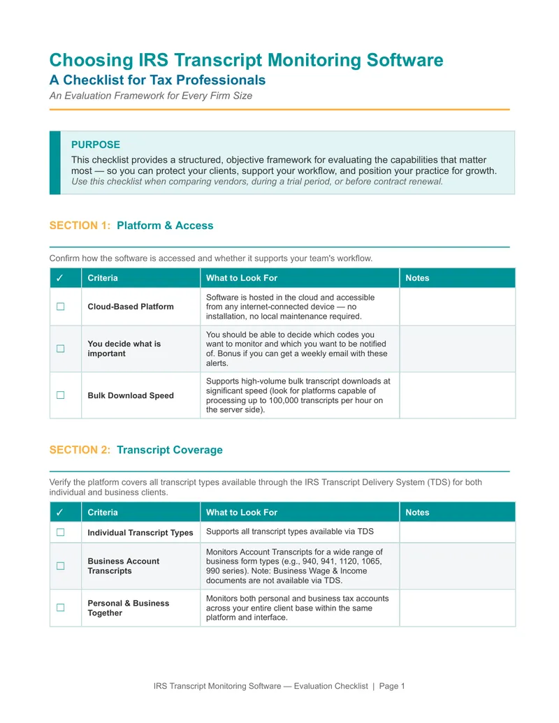 IRS Transcript Monitoring Software Evaluation Checklist