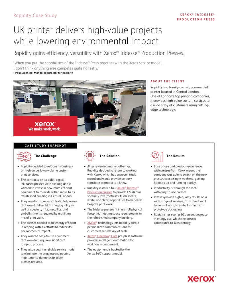 Rapidity Case Study on Xerox Iridesse Production Presses