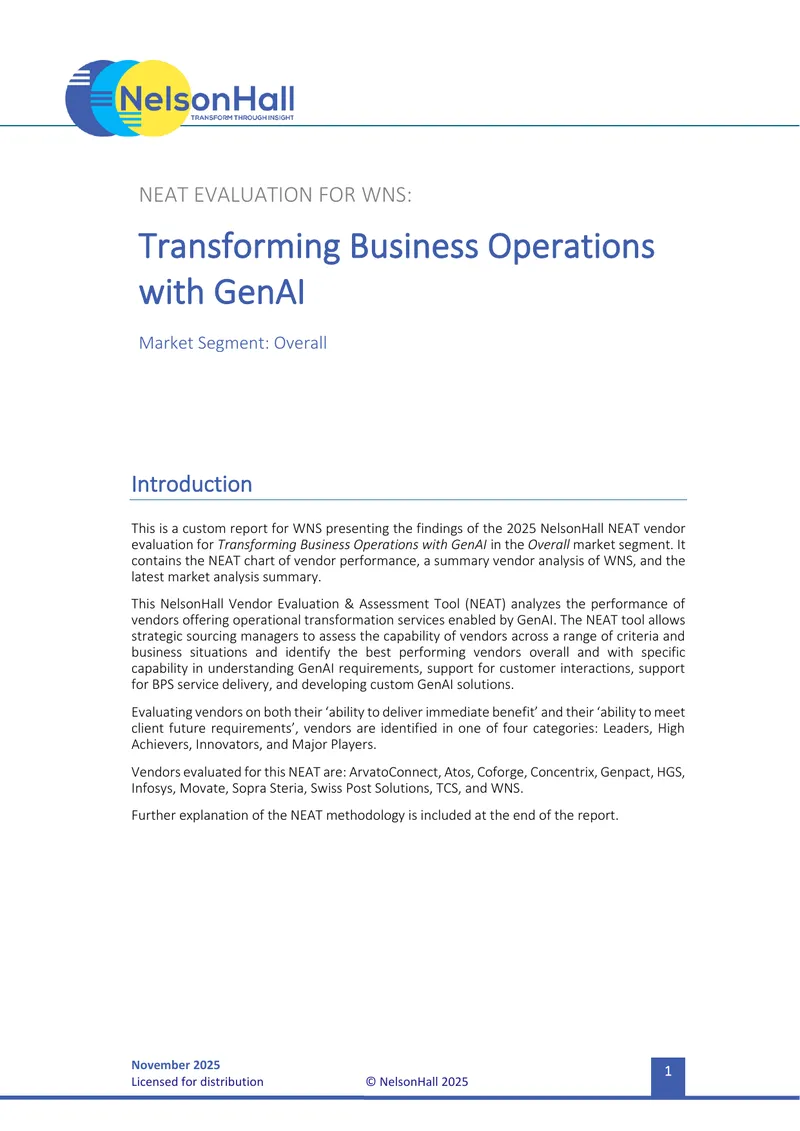 NEAT Vendor Evaluation for WNS on GenAI Transformation