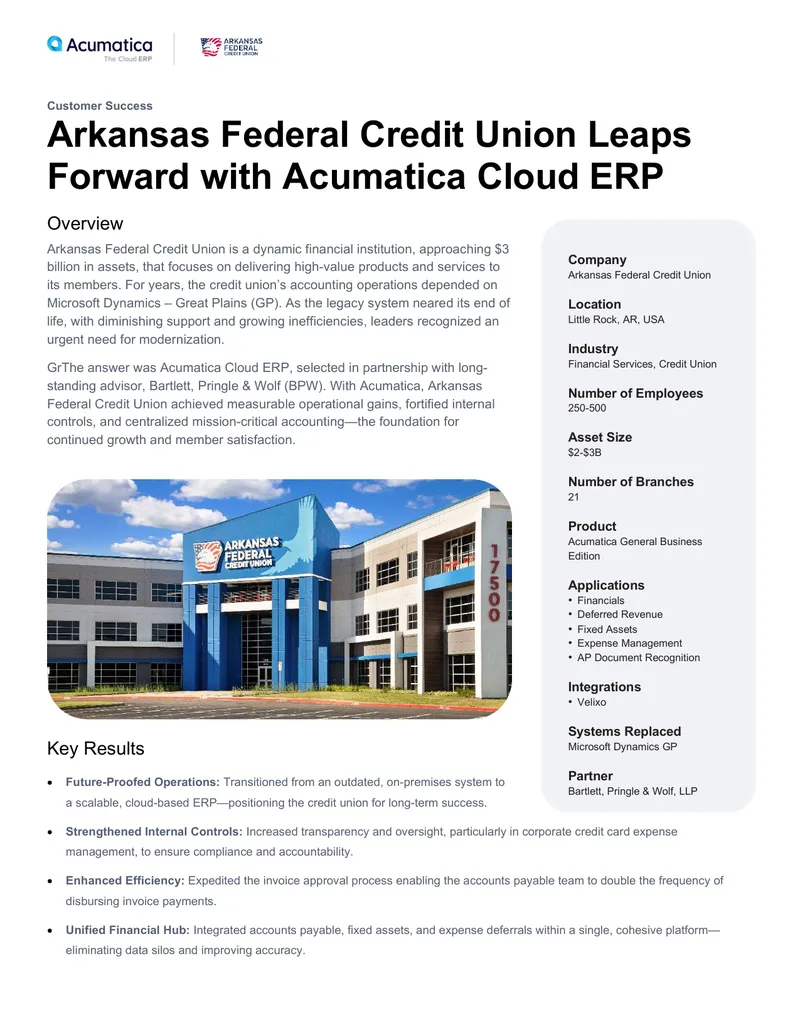 Arkansas Federal Credit Union Acumatica ERP Implementation preview page 1